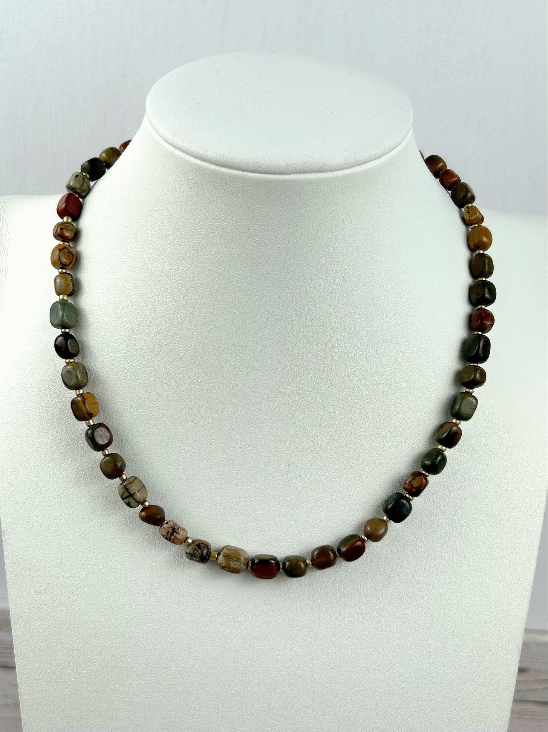 Brown Beaded Necklace, Picasso Jasper Necklace, Gift for Mom, Earth Necklace, Natural Stone Necklace, Gemstone Jewelry, Gift for Her