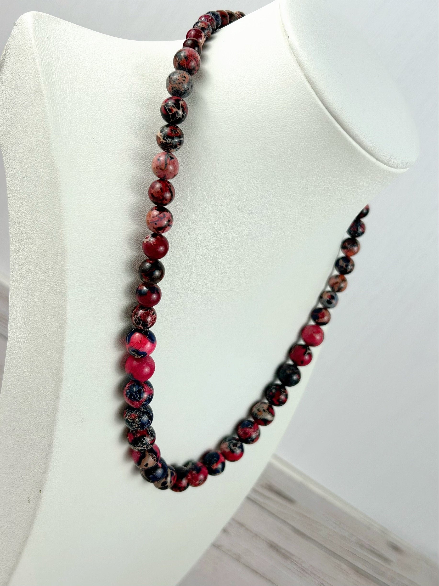 Red and Black Beaded Necklace, Imperial Jasper Necklace, Lady Bug Necklace, Natural Stone Necklace, Necklace Gift for Her