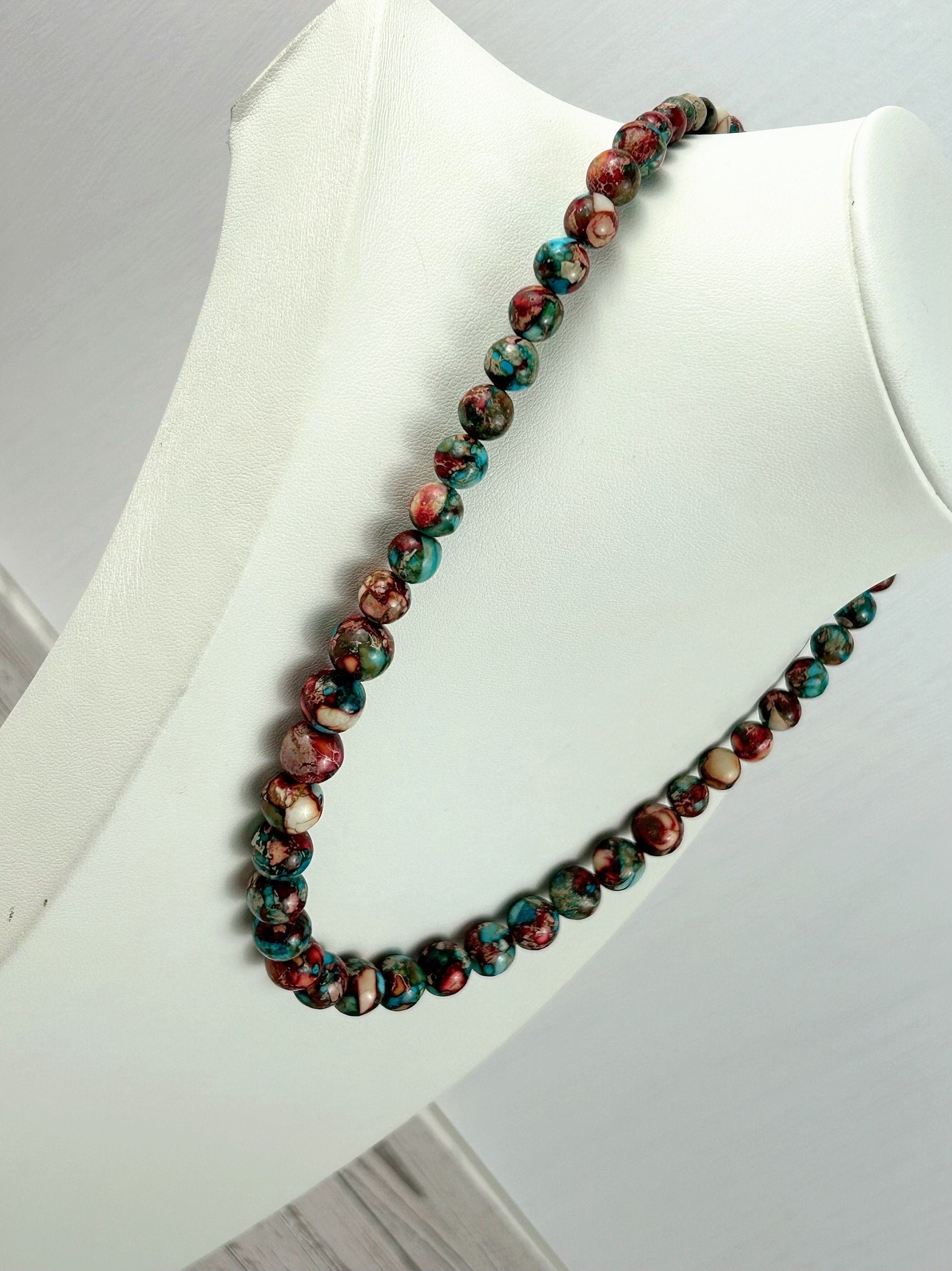 Imperial Jasper Necklace, Multicolor Beaded Necklace, Natural Stone Necklace, Necklace Gift for Her, Gemstone Jewelry, Blue Vibrant Necklace
