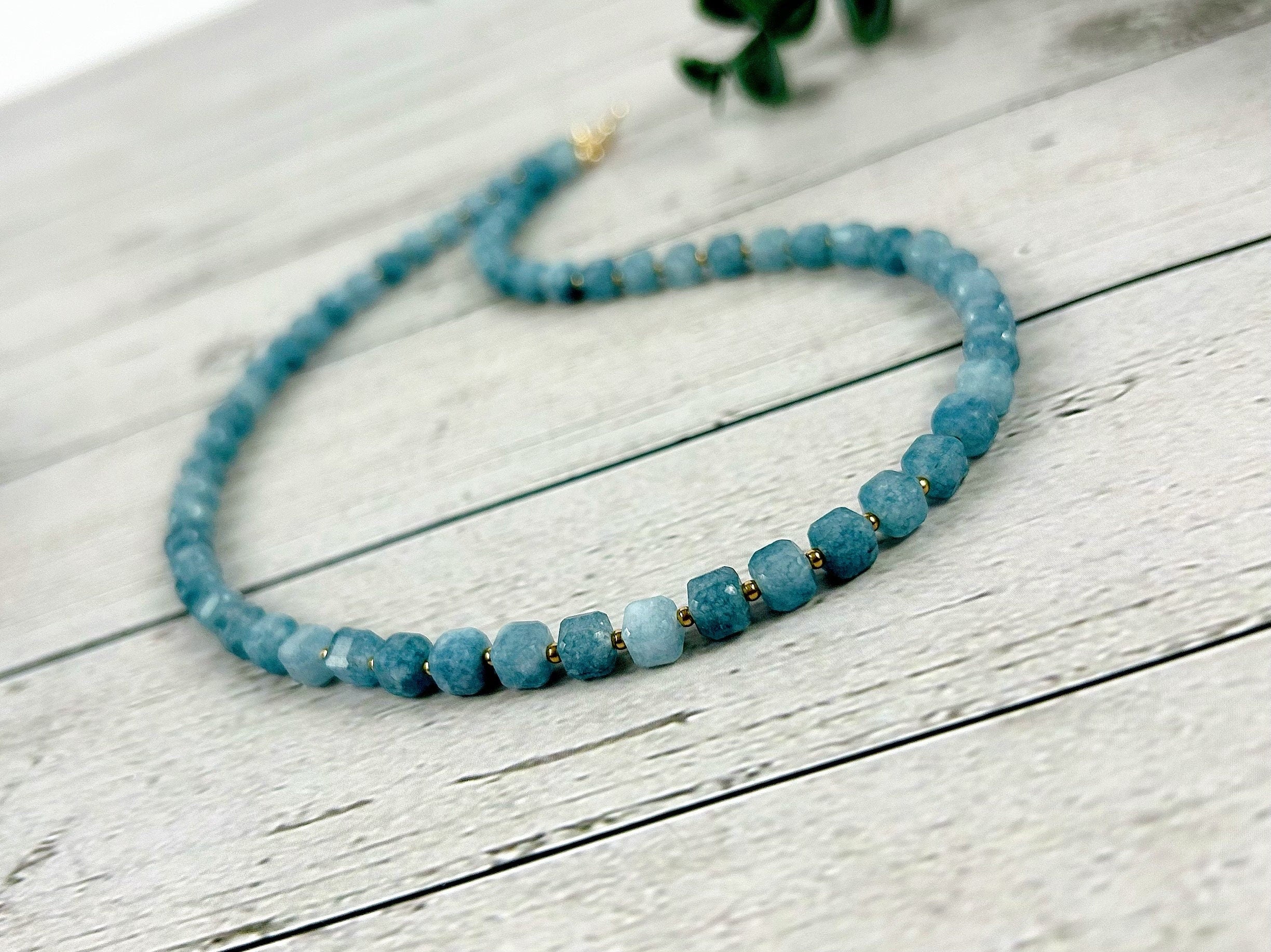 Aquamarine Necklace, Blue Beaded Necklace, Aquamarine Choker Necklace, Gemstone Necklace, Boho Necklace, March Birthstone, Gift for Her