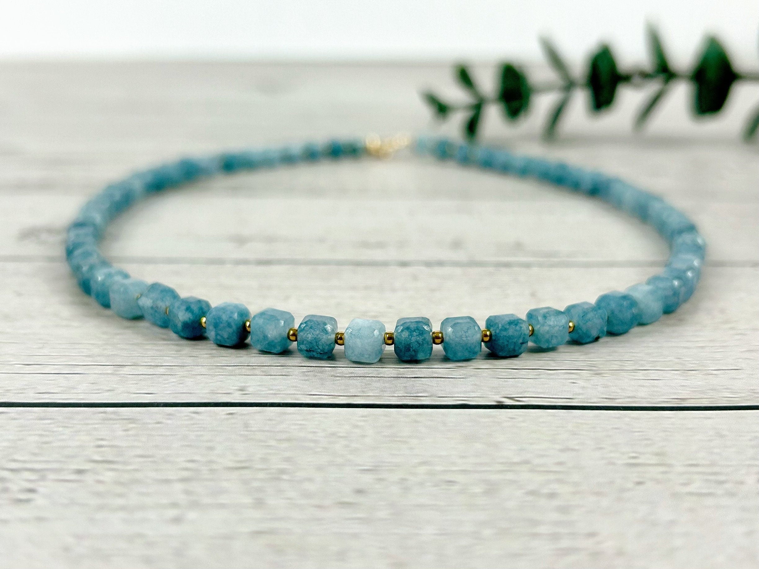 Aquamarine Necklace, Blue Beaded Necklace, Aquamarine Choker Necklace, Gemstone Necklace, Boho Necklace, March Birthstone, Gift for Her