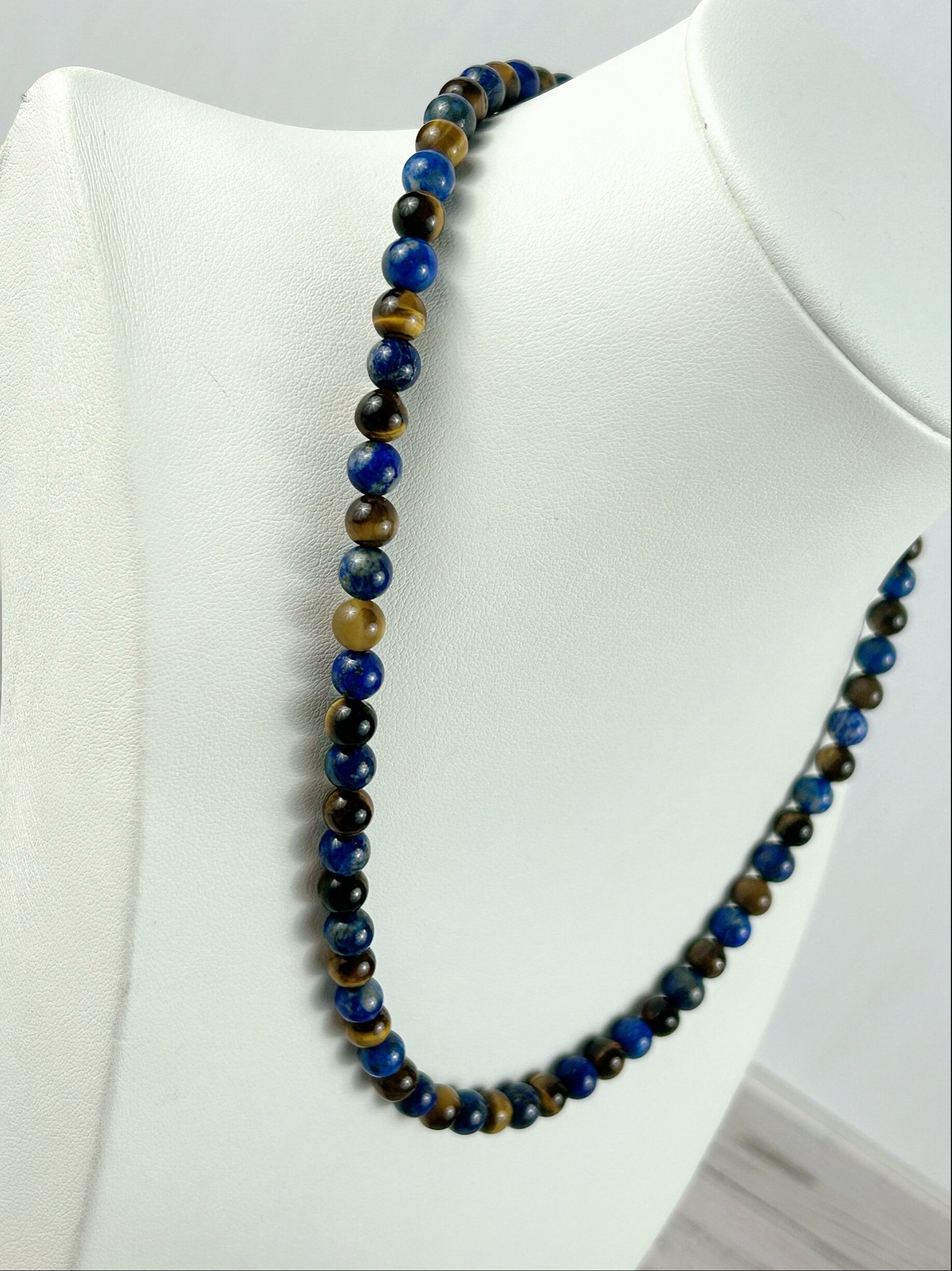 Lapis Lazuli Necklace, Tigers Eye Necklace, Beaded Necklace, Natural Stone Necklace Gift for Him, Protection Jewelry, Grounding,Gift for Her