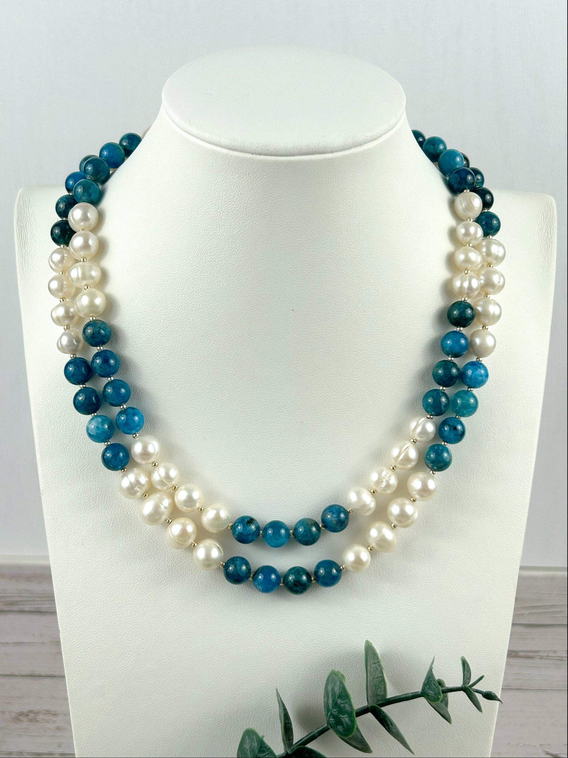 Statement Necklace, Apatite Necklace, Multistrand Necklace, Beaded Necklace, Pearl Necklace, Gemstone Necklace, Anniversary Gift for Her