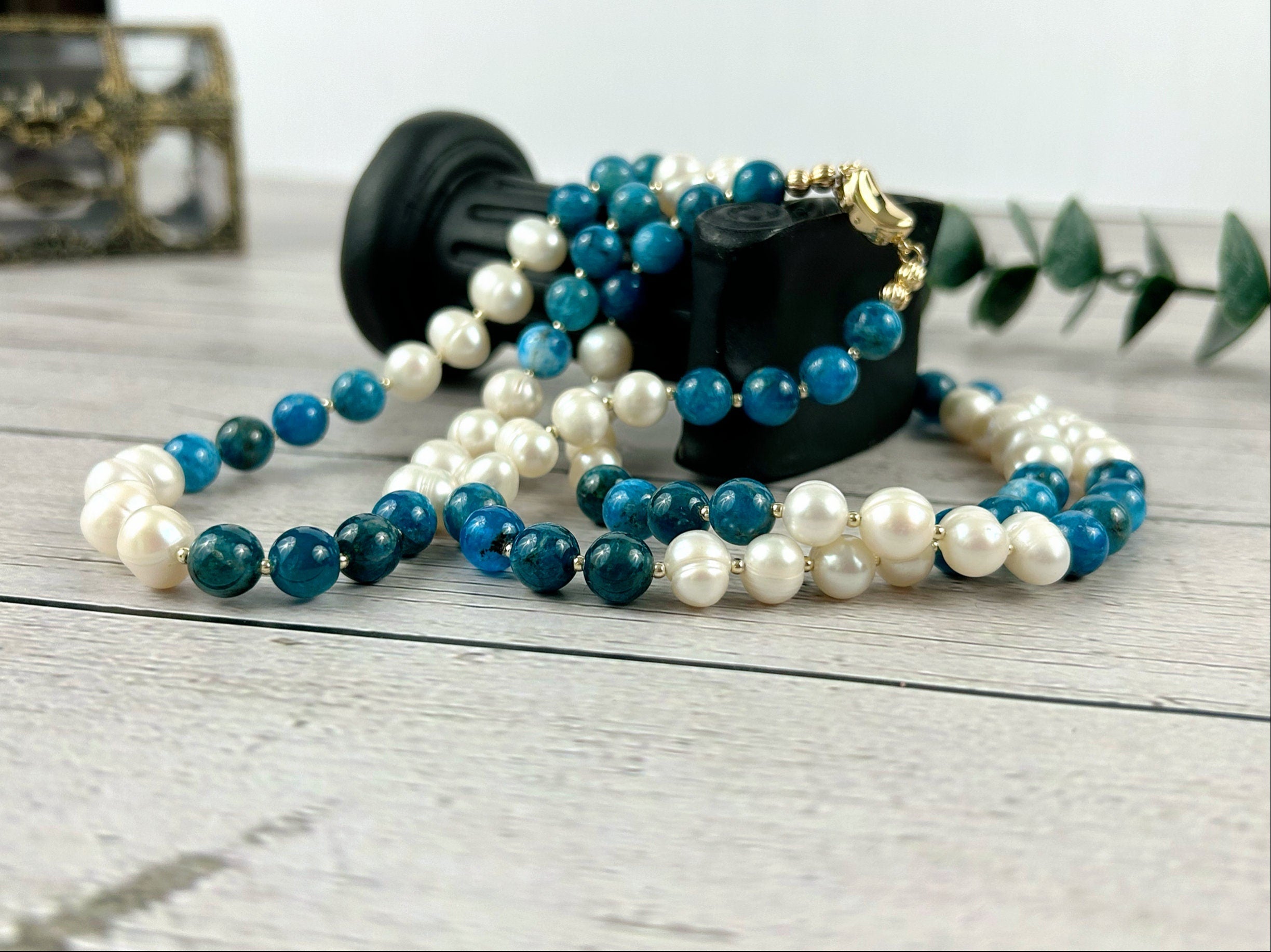 Statement Necklace, Apatite Necklace, Multistrand Necklace, Beaded Necklace, Pearl Necklace, Gemstone Necklace, Anniversary Gift for Her