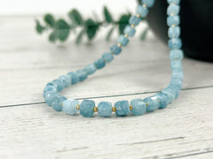 Aquamarine Necklace, Blue Beaded Necklace, Aquamarine Choker Necklace, Gemstone Necklace, Boho Necklace, March Birthstone, Gift for Her