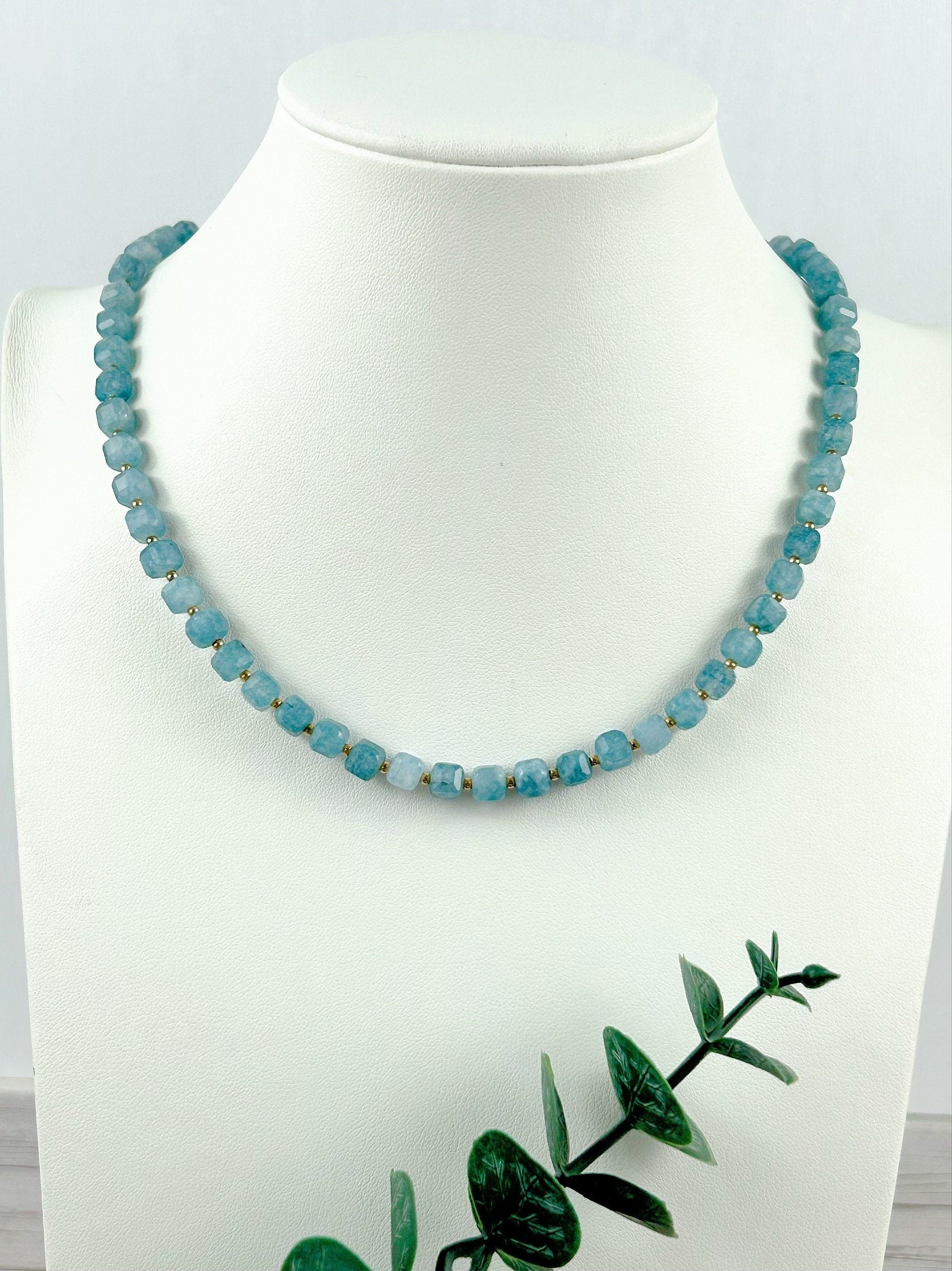 Aquamarine Necklace, Blue Beaded Necklace, Aquamarine Choker Necklace, Gemstone Necklace, Boho Necklace, March Birthstone, Gift for Her